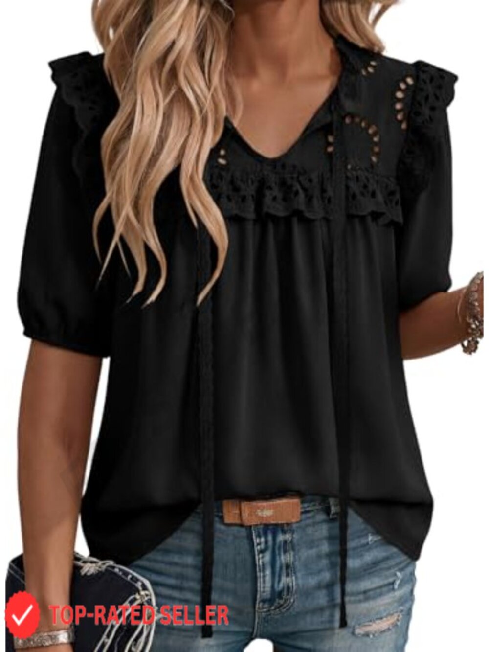 Womens Boho Lace Embroidered V Neck Tie Front Blouse